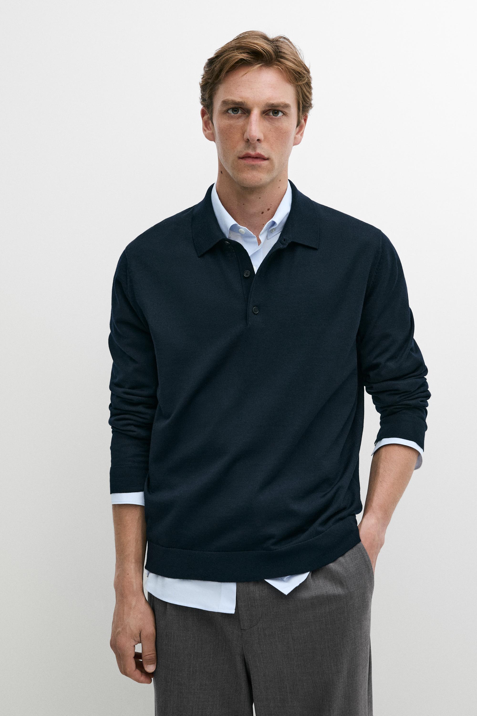 100% merino wool knit polo sweater — Navy blue