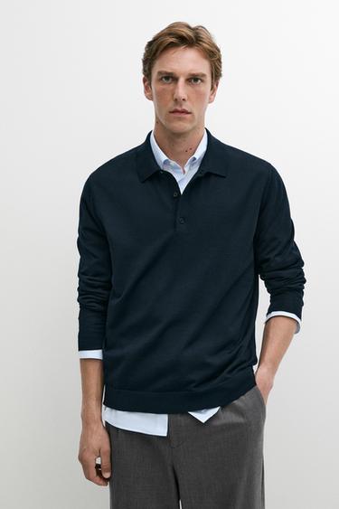 Pull polo en maille 100 % laine mérinos - Bleu marine de Zara