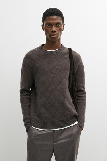 Wool blend knit sweater with diamond texture — Light whiskey 2