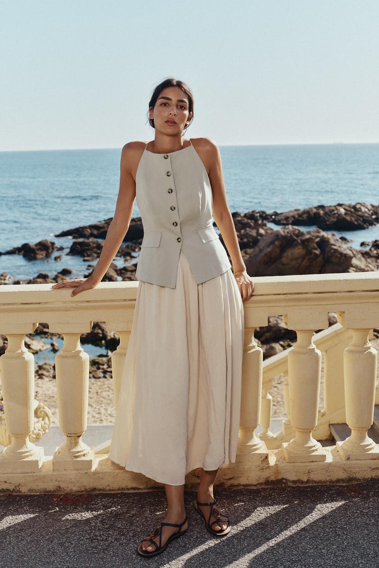 PLEATED SKIRT MIDI WAISTCOAT DRESS Beige ZARA India