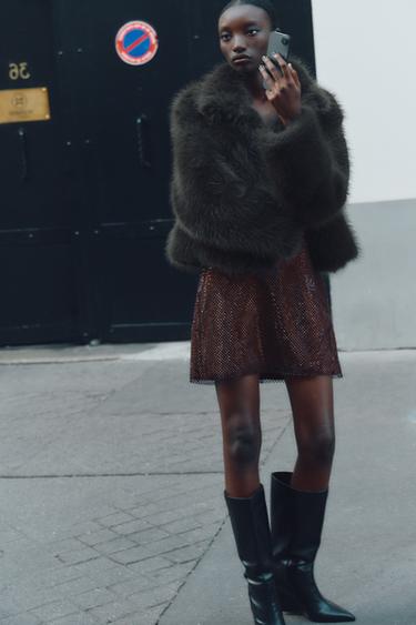SHORT FAUX FUR COAT WITH TOGGLES - Dark charcoal grey by Zara