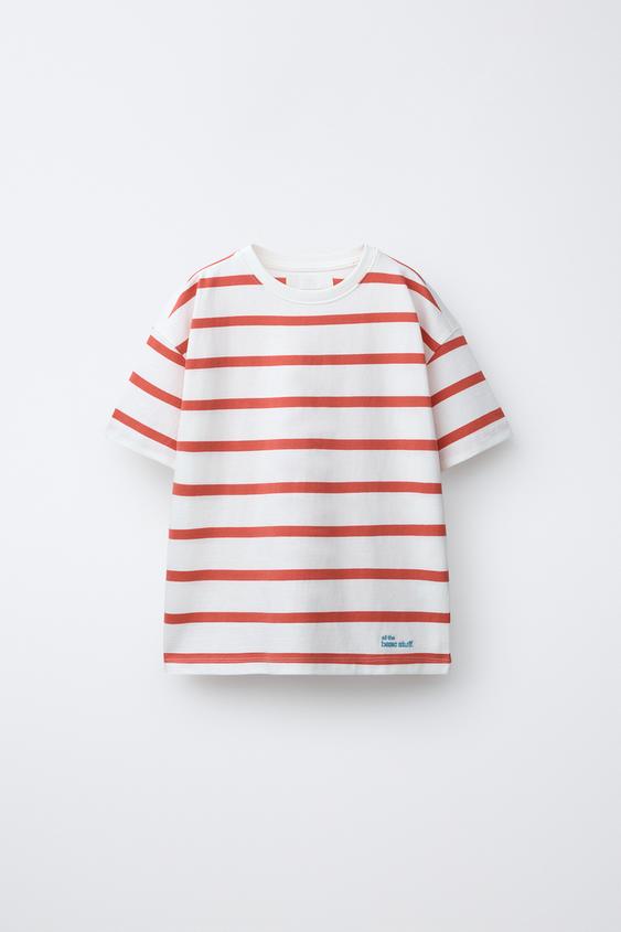 CAMISETA LISTRADA HEAVY WEIGHT COM TEXTO - Listra Vermelha da Zara - Imagem 0