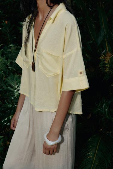 CROPPED LINEN BLEND SHIRT - Yellow by Zara - Image 3