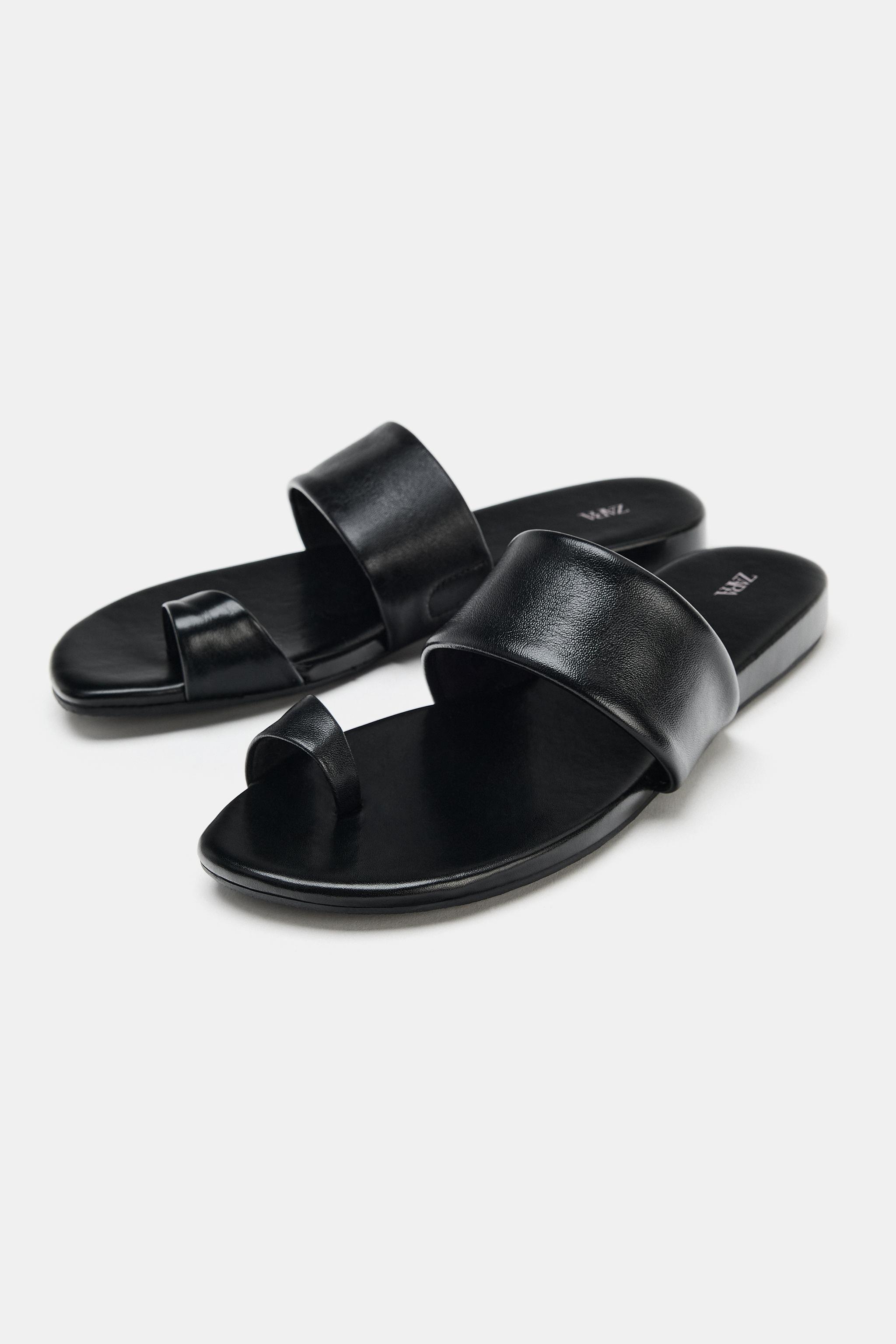 Женские сандалии Zara LEATHER TOE-LOOP FLAT SANDALS — фото 2