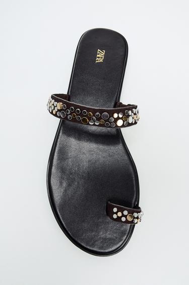 FLAT STUDDED SANDALS - Brown by Zara