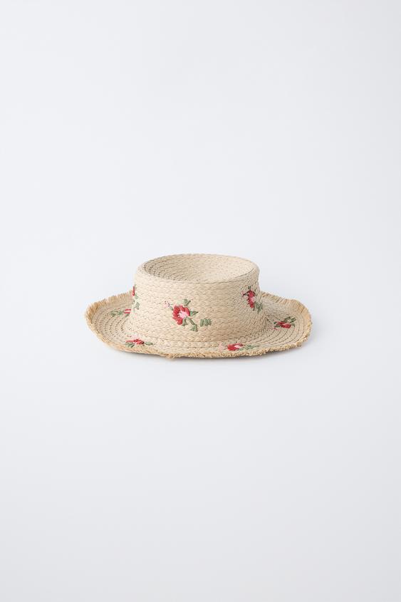 GORRO DE PALHA COM FLORES BORDADAS - Cru da Zara - Imagem 0