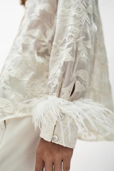 CHEMISE BRODÉE PLUMES - Écru de Zara - Image 4
