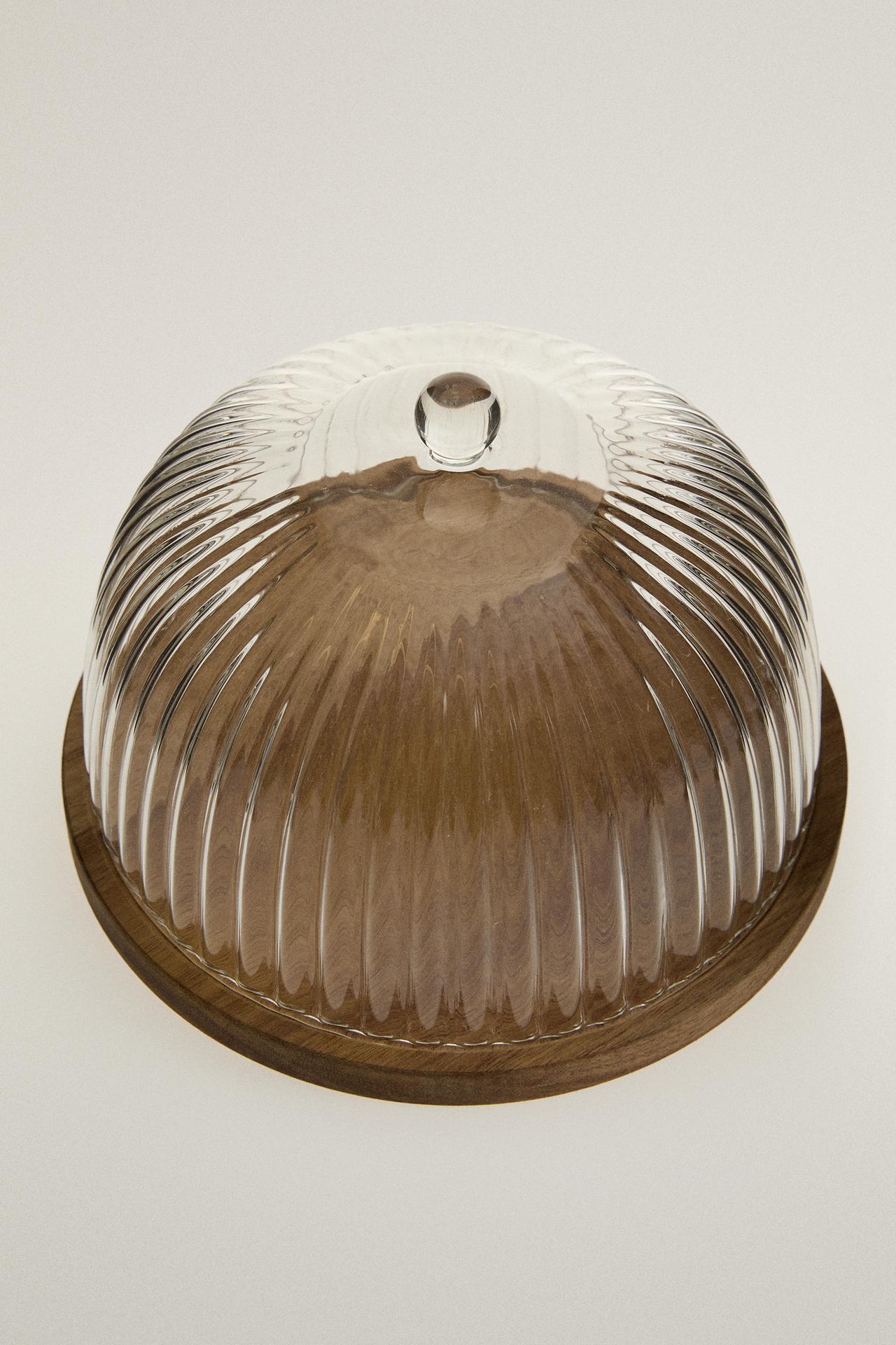 ACACIA WOOD AND BOROSILICATE GLASS CAKE STAND — Transparent