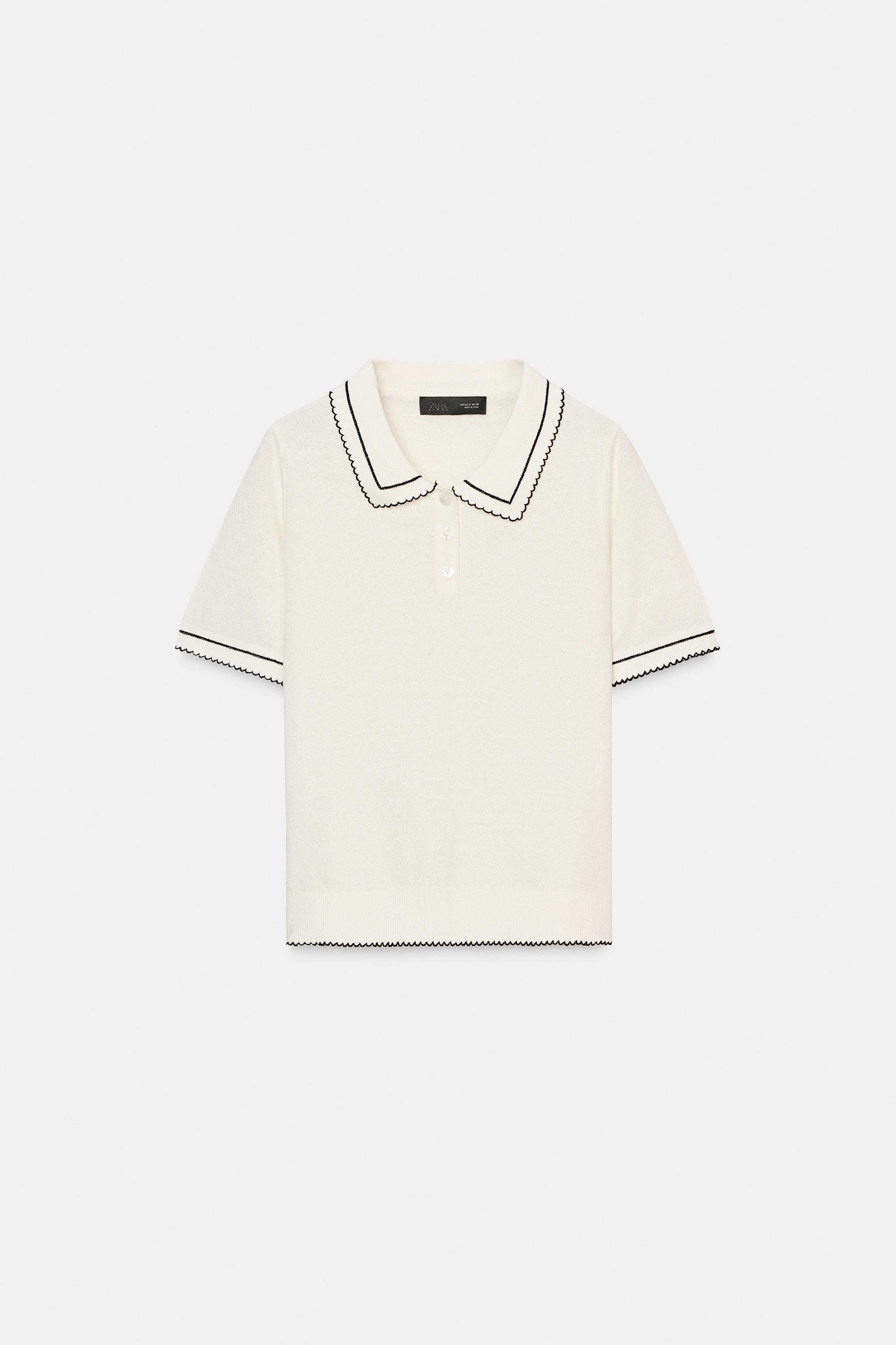 POLO DE TRICÔ COM PESPONTOS DE CONTRASTE - Branco / Preto | ZARA
