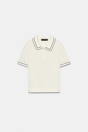 Zara CONTRAST TOPSTITCH KNIT POLO SHIRT - Black / White