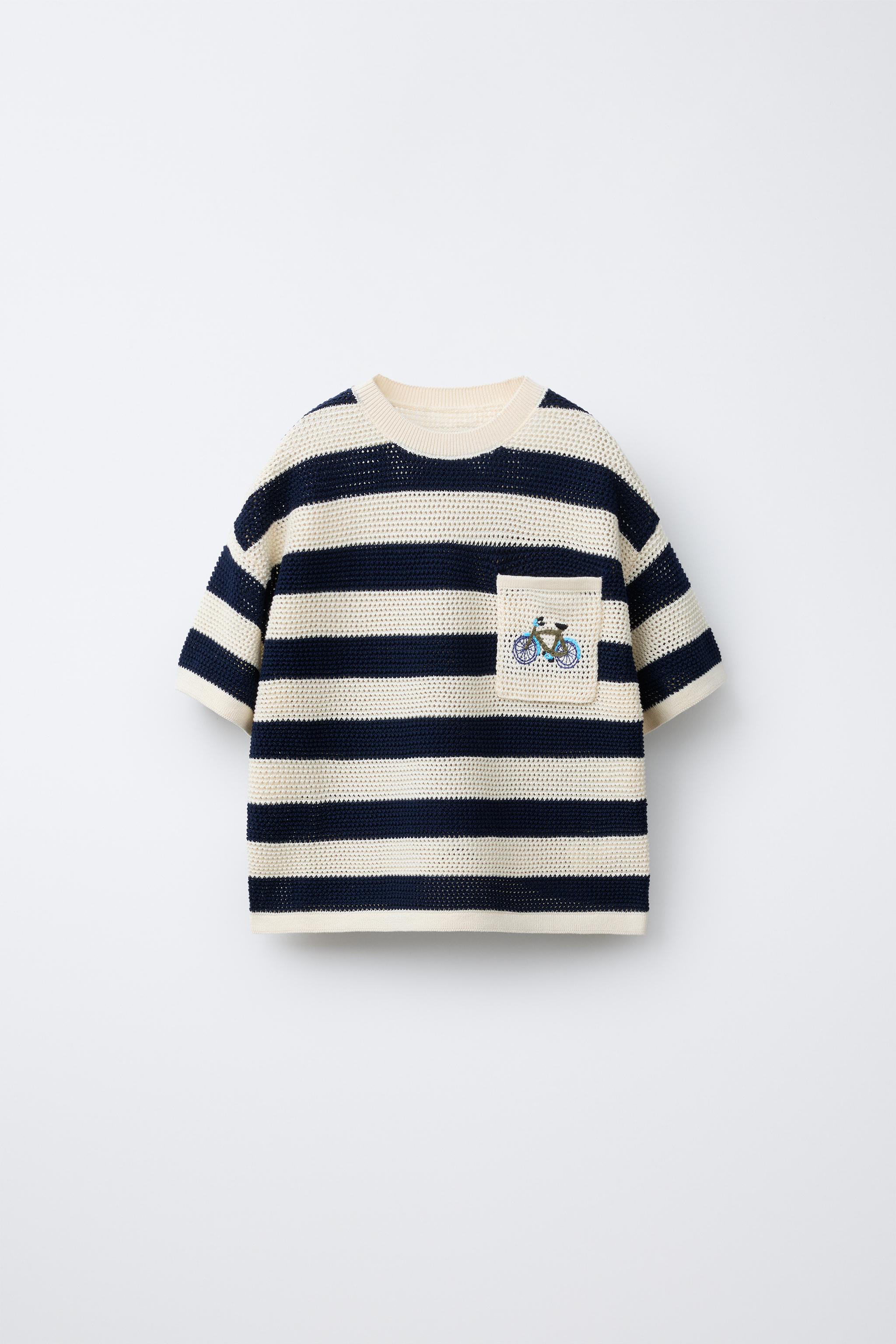 EMBROIDERED POCKET KNIT T-SHIRT - Ecru / Navy | ZARA United