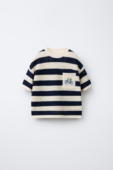 EMBROIDERED POCKET KNITTED T-SHIRT - Ecru / Navy by Zara