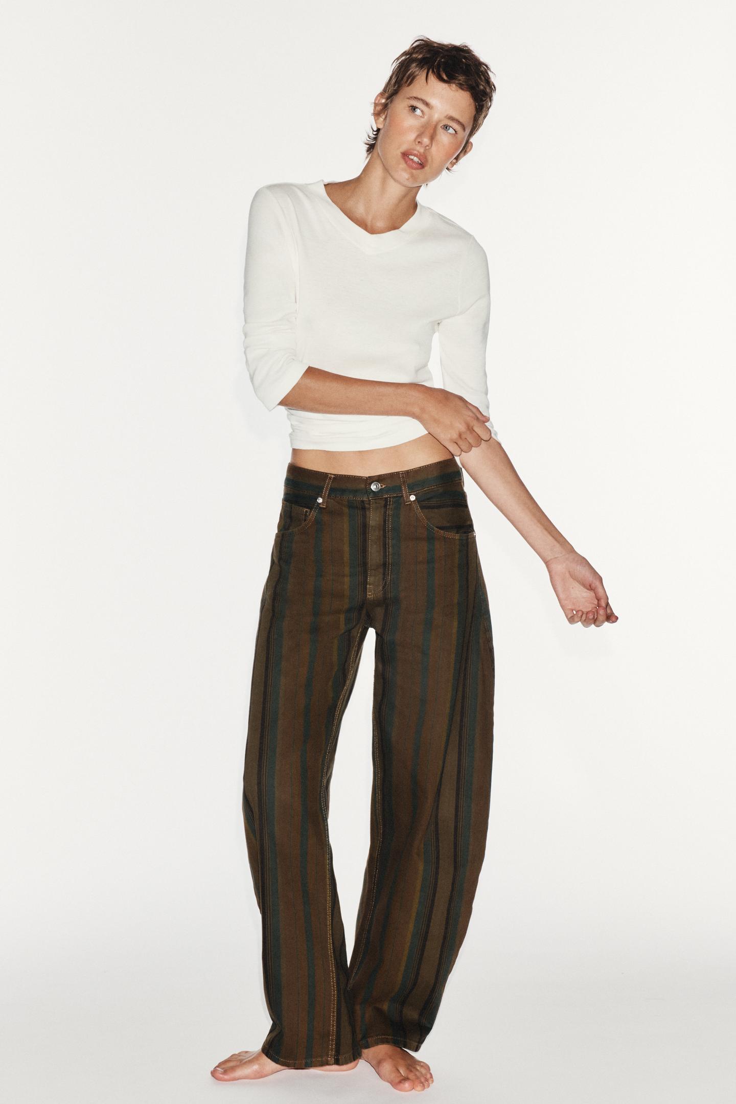 Женские джинсы Zara Trf Striped Mid-Rise Barrel, цвет: Полосатый