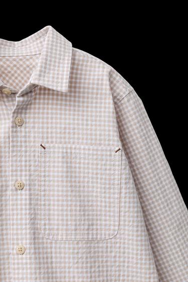 Zara POCKET GINGHAM SHIRT - Light beige