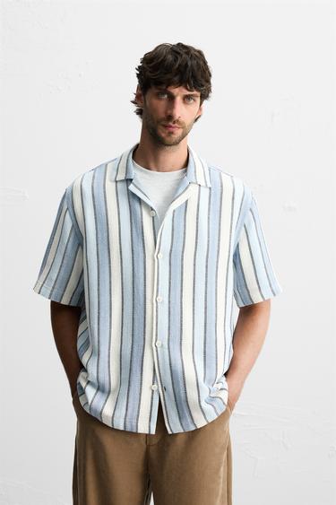STRIPED TEXTURED SHIRT - White / Sky blue by Zara
