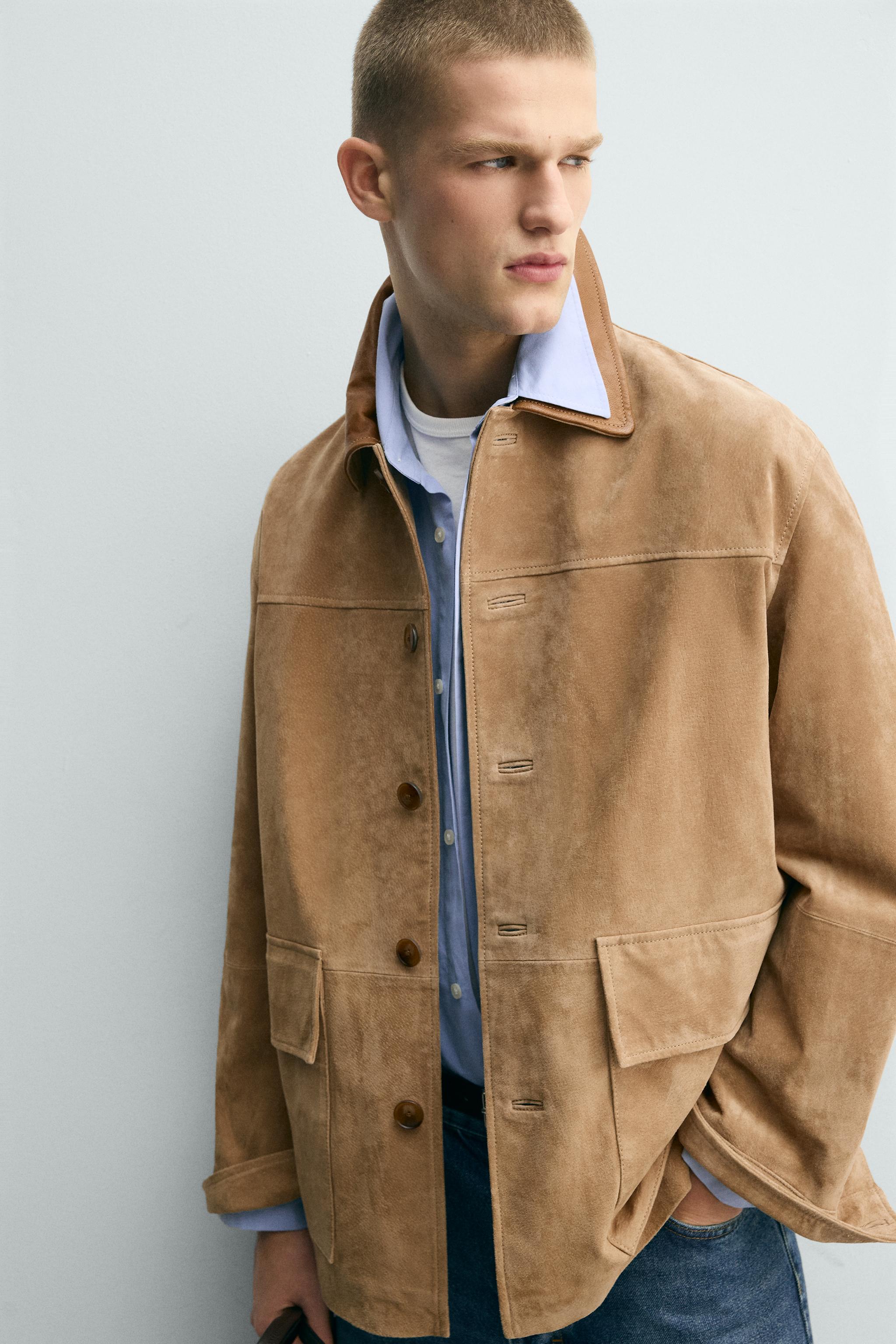 VESTE EN CUIR VELOURS AVEC COL BIMATIÈRE