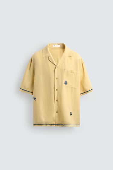 CONTRAST EMBROIDERED VISCOSE/LINEN SHIRT - Pastel yellow by Zara
