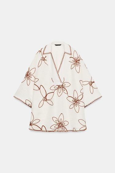 BLUSA KAFTÁN BORDADA - Crudo / Marrón de Zara