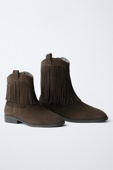 LEATHER COWBOY ANKLE BOOTS WITH FRINGES - Brown by Zara - Image 1