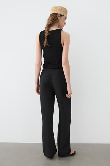 Pantalon fluide droit en lin - Noir de Zara