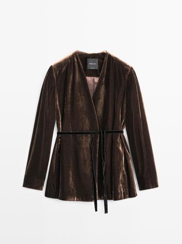Zara Velvet blazer with tie detail - Brown