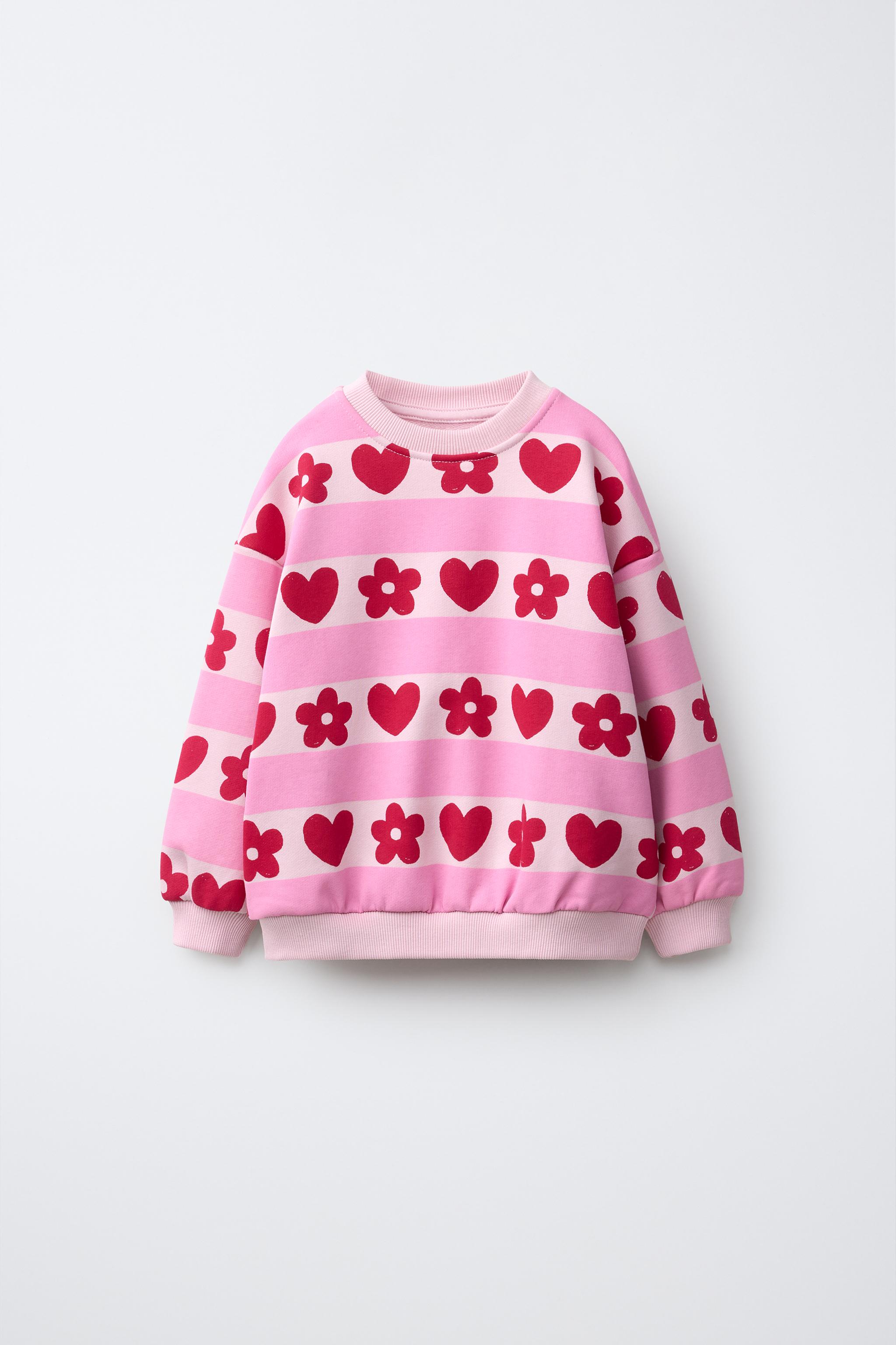 STRIPED AND HEART PRINT SWEATSHIRT — Red