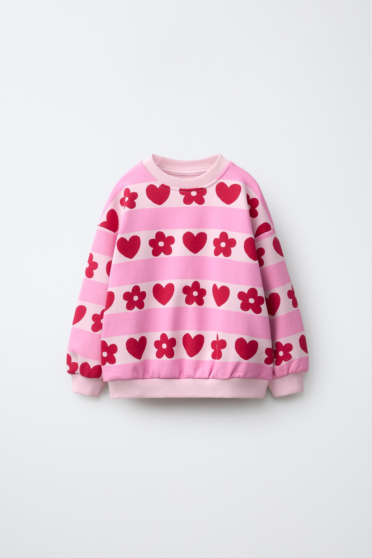 STRIPED AND HEART PRINT SWEATSHIRT — Red