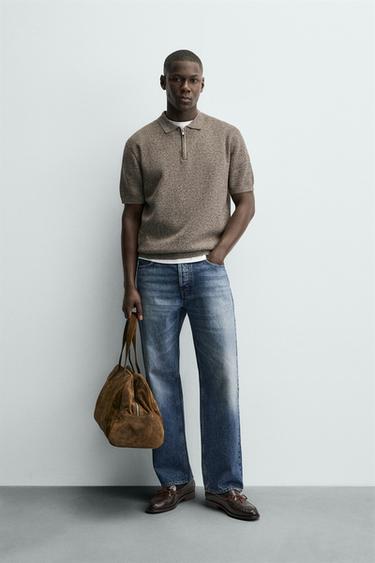 KNIT POLO SHIRT WITH ZIP - brown/white by Zara