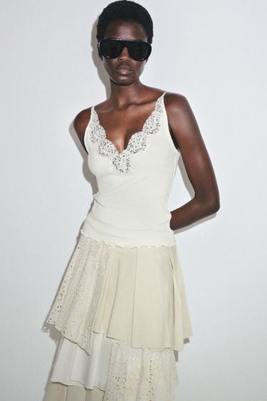 RIB KNIT LACE TOP - Ecru by Zara