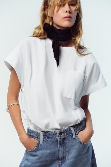 Zara Beyaz - POPLİN CEPLİ T-SHIRT