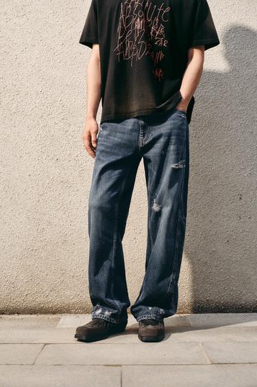 Zara 縫線設計 BAGGY FIT 吊襠牛仔褲 - 藍色