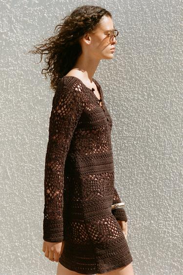 CROCHET KNIT MINI DRESS - Brown by Zara - Image 1