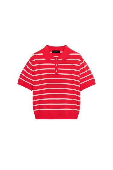 Front view of a red polo shirt with white stripes, short sleeves, a polo collar, and front buttons.