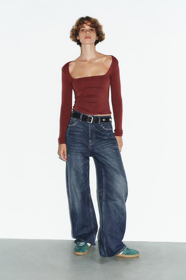 Zara REBRASTA MAJICA SA ČETVRTASTIM IZREZOM – Burgundac