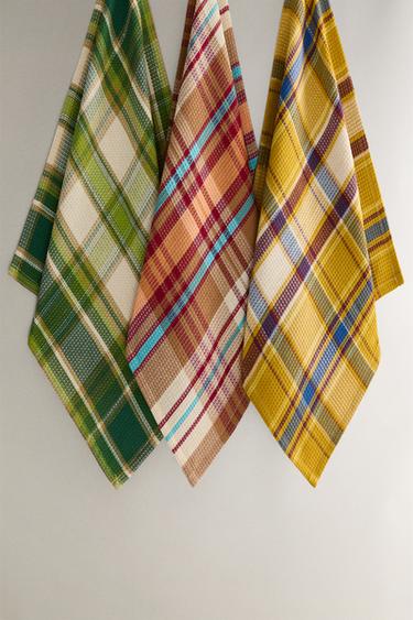 PACK OF CHECK WAFFLE-KNIT TEA TOWELS (PACK OF 3) - Green / Blue by Zara - Image 0