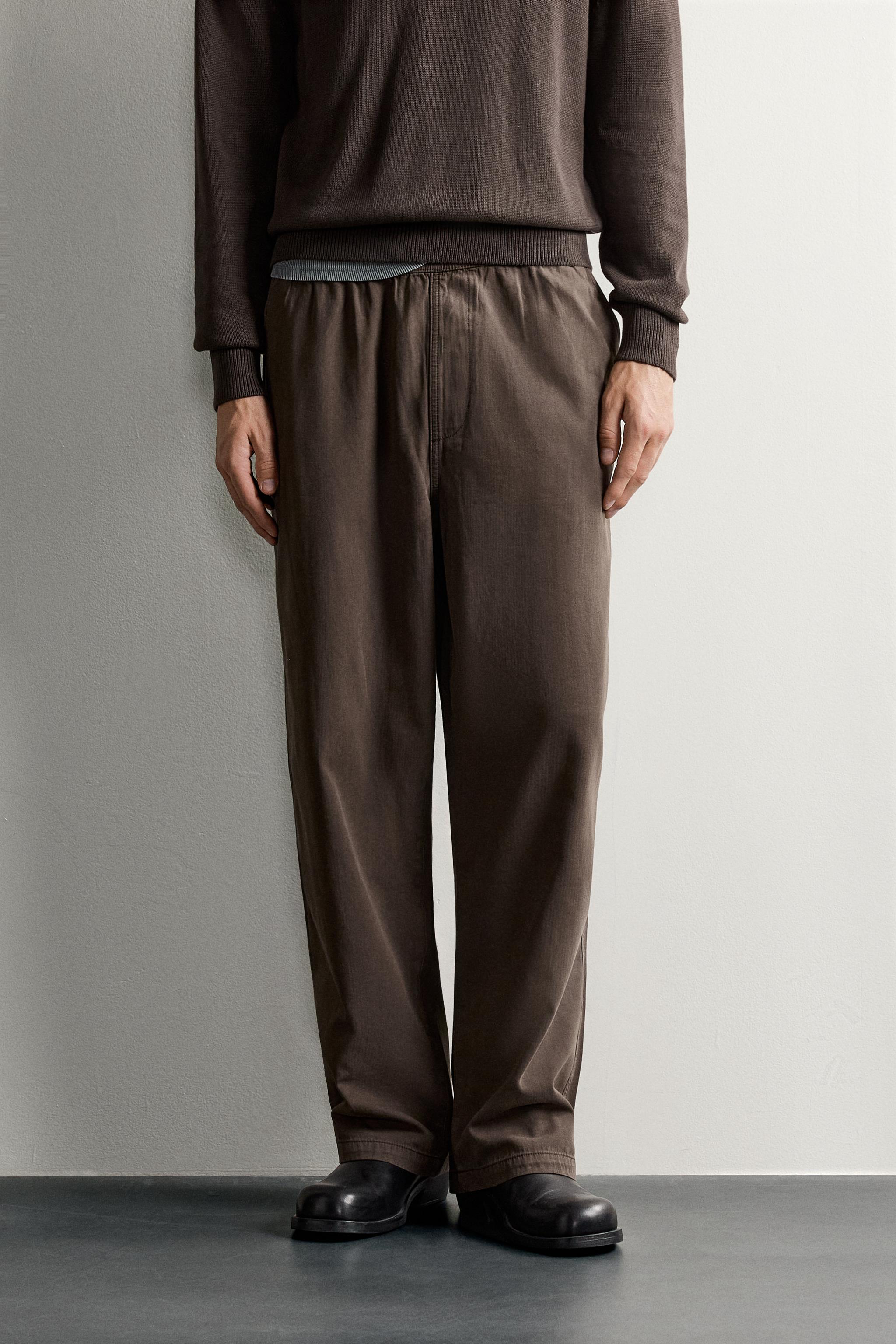 RELAXED FIT HERRINGBONE PANTS