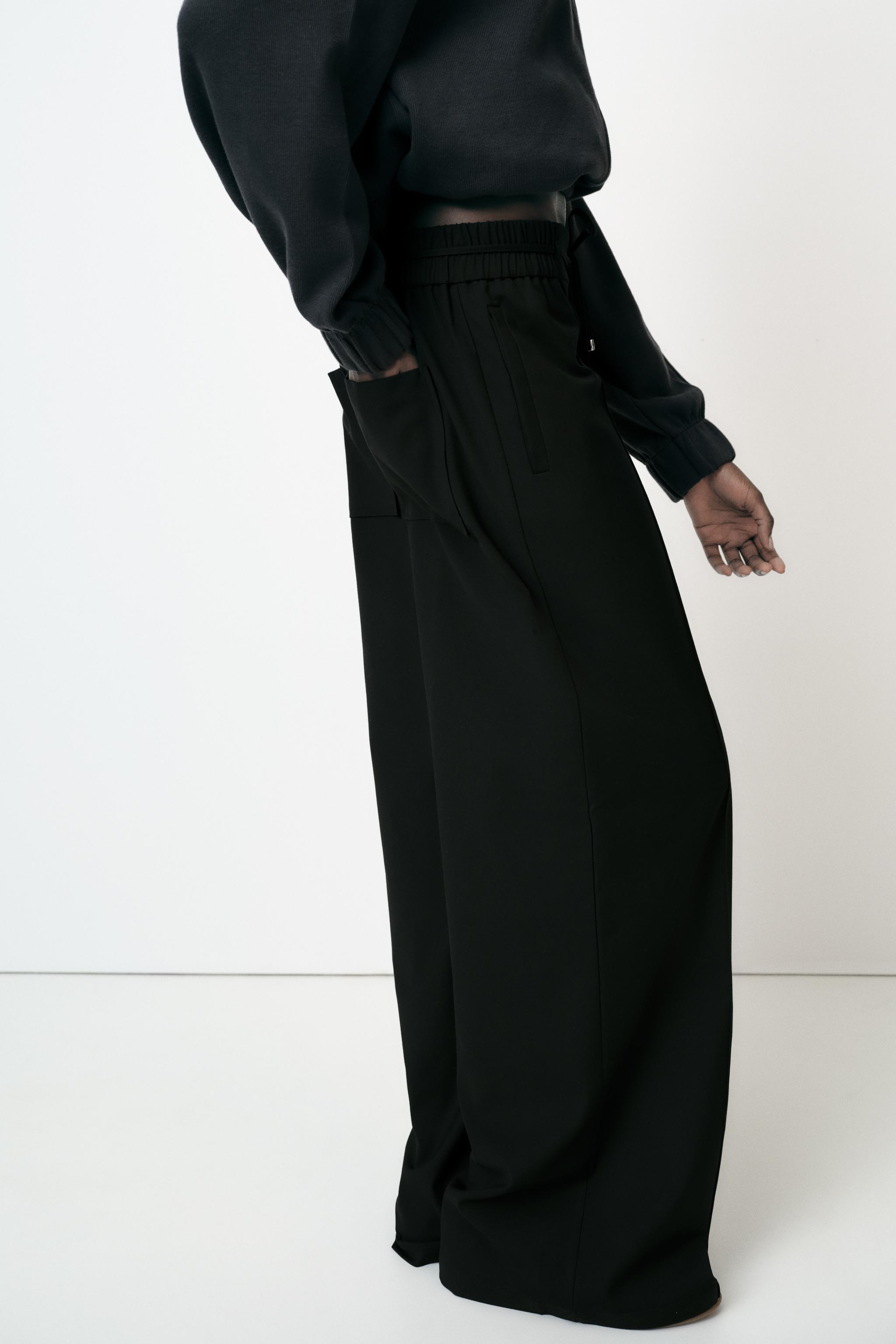【ZARA】ゴムウエストバンド ワイドレッグ パンツ 4387/028/405 ゴムウエストバンド ワイドレッグ パンツ - ブラック | ZARA