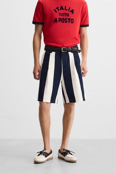STRIPED BERMUDA SHORTS WITH PLEATS - Navy / White by Zara - Image 1