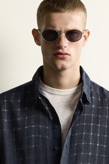 RELAXED FIT LINEN/COTTON JACQUARD CHECK SHIRT - Navy blue by Zara