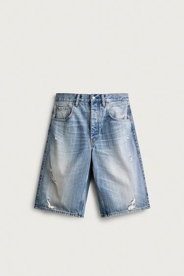 Zaras BAGGY DENIMSHORTS MED REVOR - Blå medel