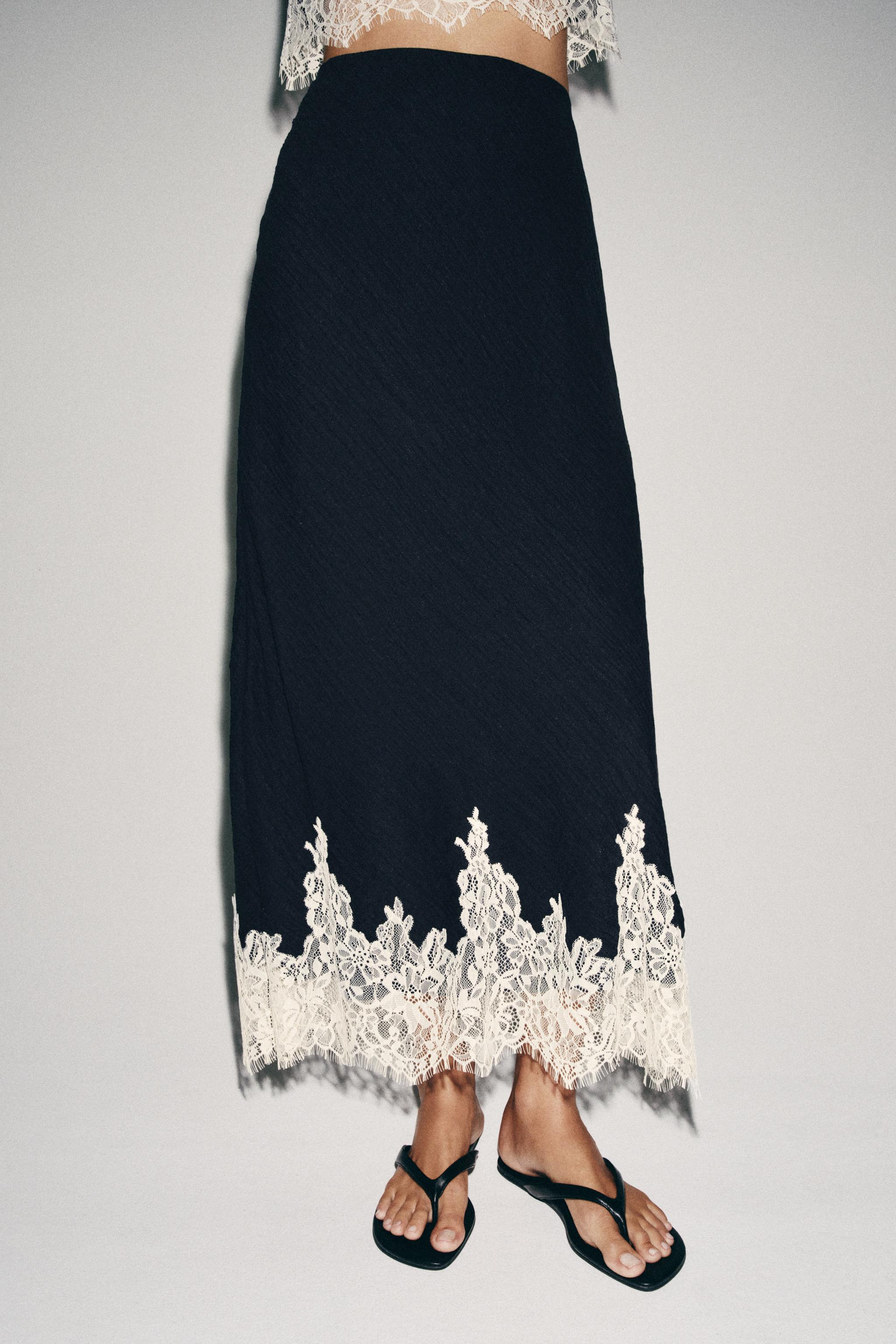 LACE TRIM MIDI SKIRT — Navy / White