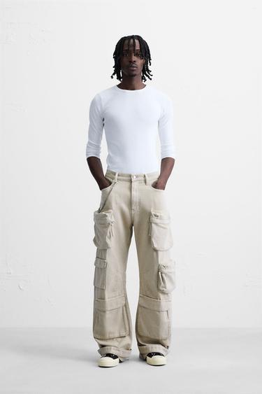 Zara DENIM CARGO PANTS WITH POCKETS - taupe brown