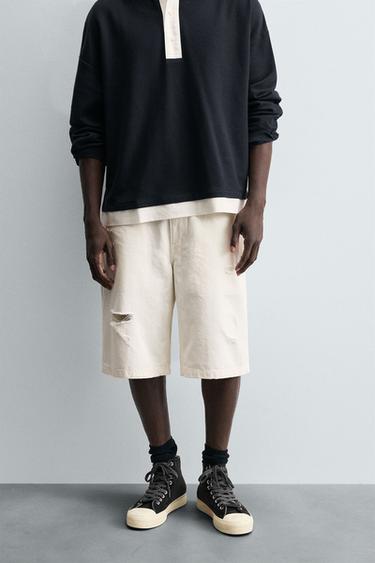 RIPPED BAGGY FIT DENIM BERMUDA SHORTS - Oyster-white by Zara