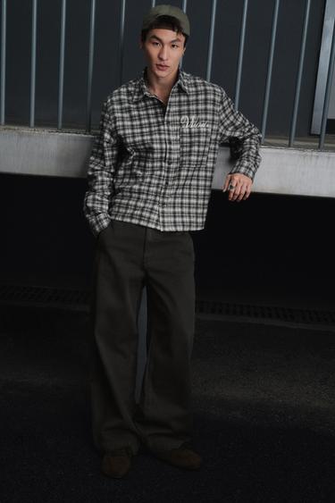 Zara 法蘭絨刺繡格紋襯衫 - 白色 / 黑色