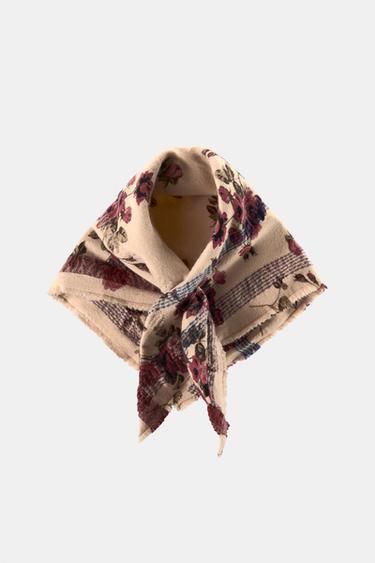 FLORAL PRINT DOUBLE TRIANGULAR WOOL BLEND SCARF — Ecru 2