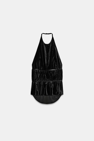Zara RUCHED VELVET HALTER TOP - Black