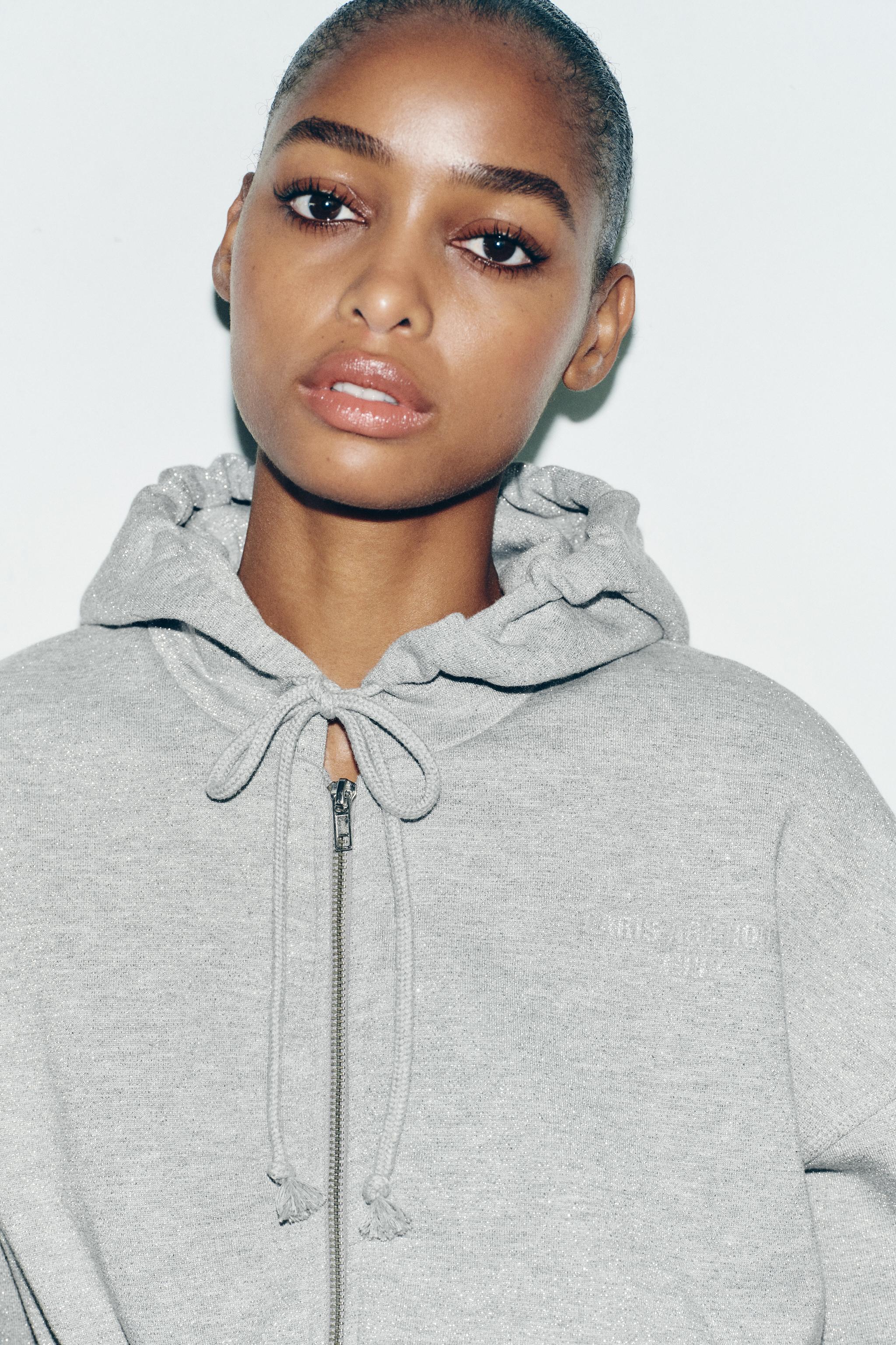 METALLIC THREAD CROP HOODIE Grey marl ZARA Spain
