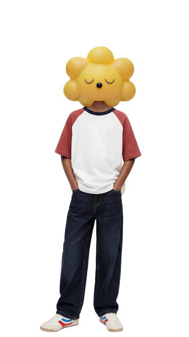 Zara EMBROIDERED TEXT RAGLAN SLEEVE T-SHIRT - White / Red