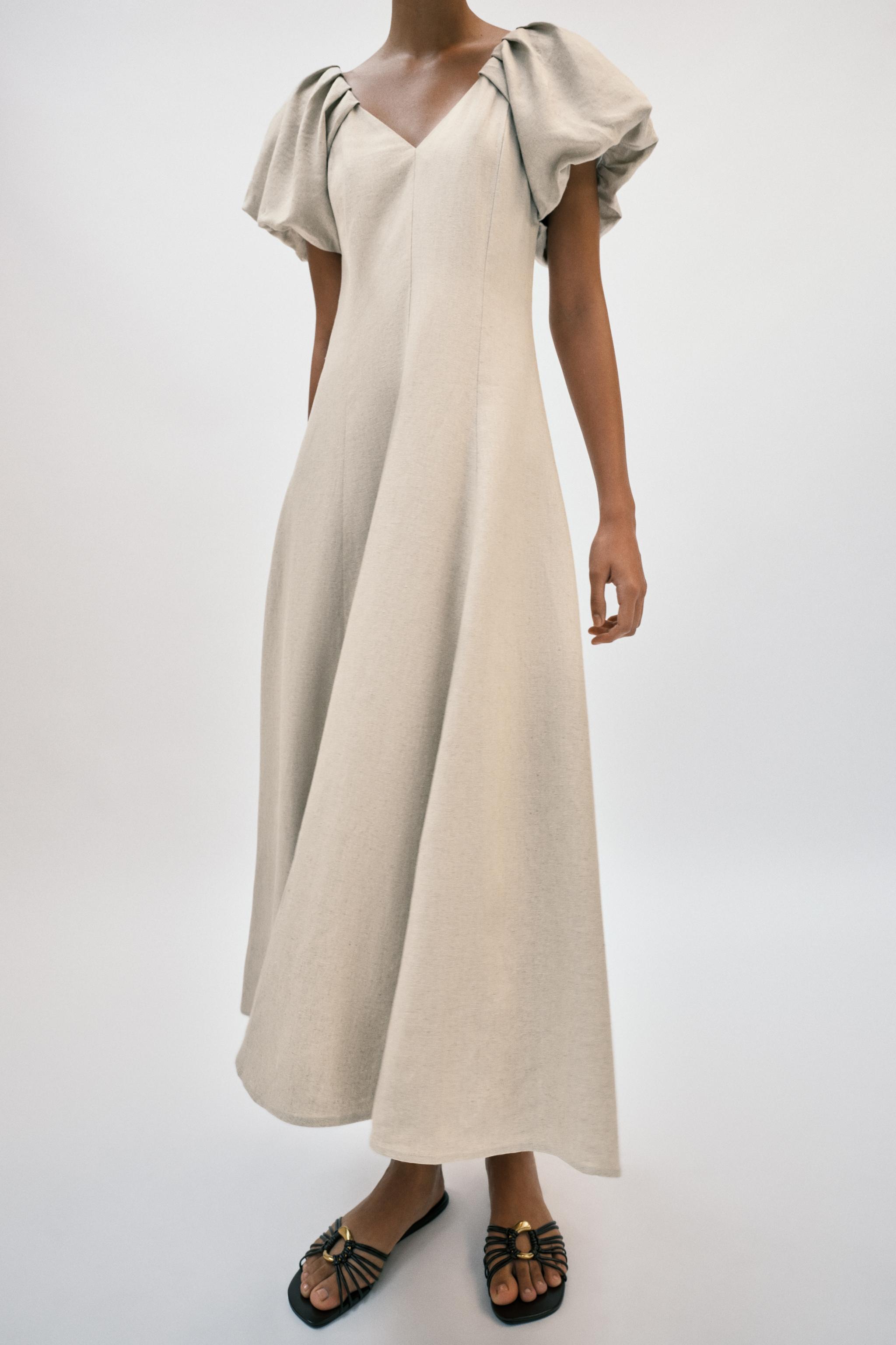 LINEN BLEND PUFF SLEEVE MIDI DRESS