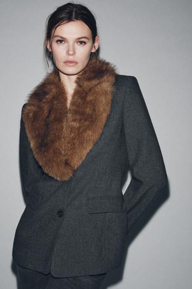 Zara FITTED BLAZER WITH FAUX FUR COLLAR ZW COLLECTION - Gray marl